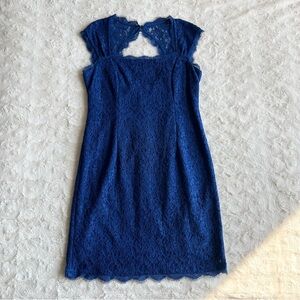 Adrianna Papell Dress Womens 8 Petite Blue Lace Open Back Cap Sleeve Graduation